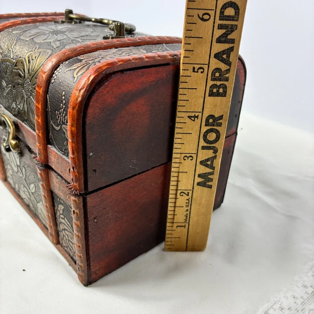 Treasure Chest Floral Embossed Wood Trunk Trinket Keepsake Box Rustic Cottage